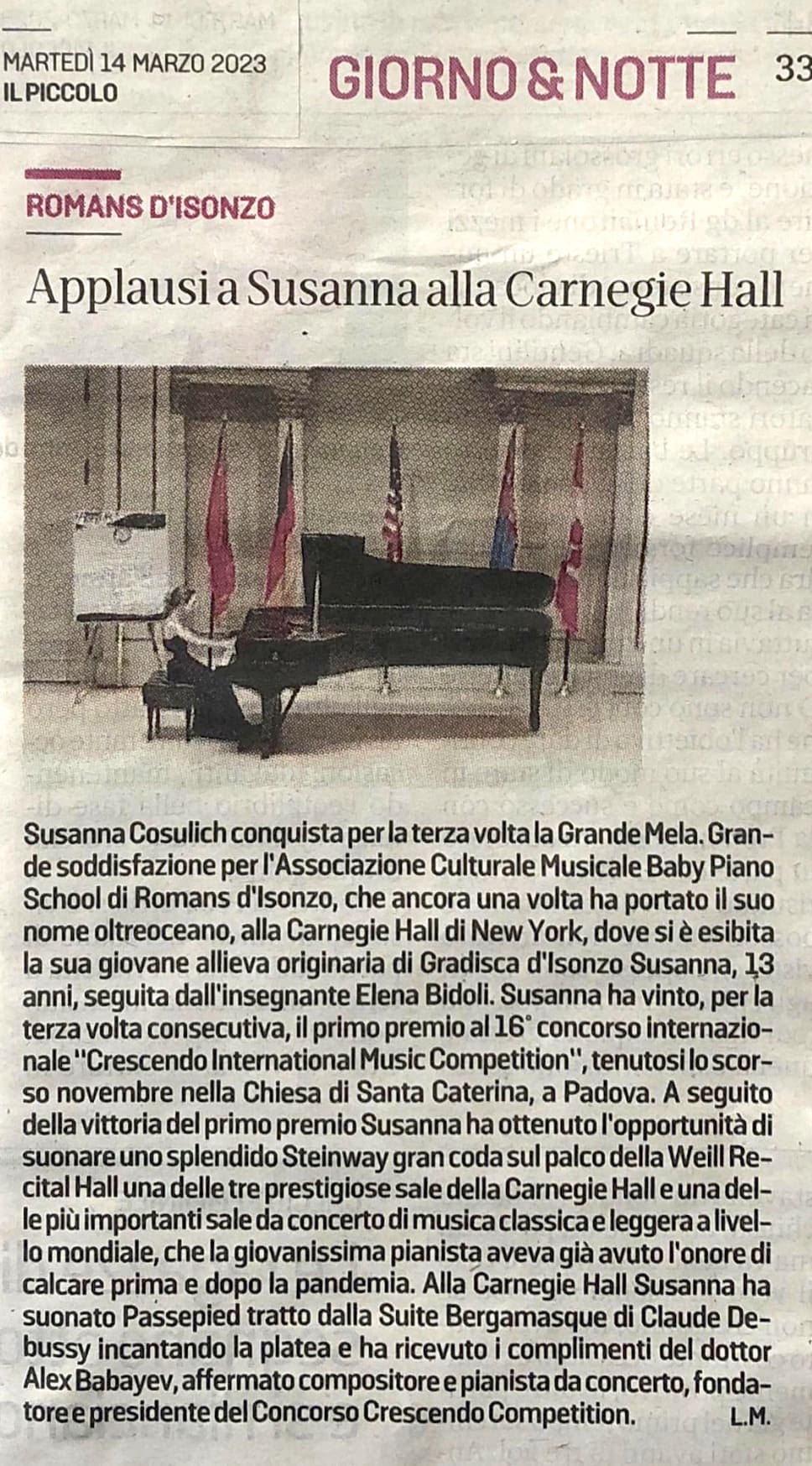 Articolo Il Piccolo su Susanna Cosulich alla Carnegie Hall